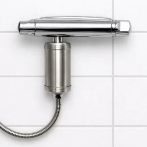 Duschfilter i rostfritt stål monterad på en blandare