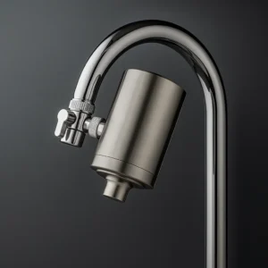Vattenfilter till kran i rostfritt stål monterat på kökskran