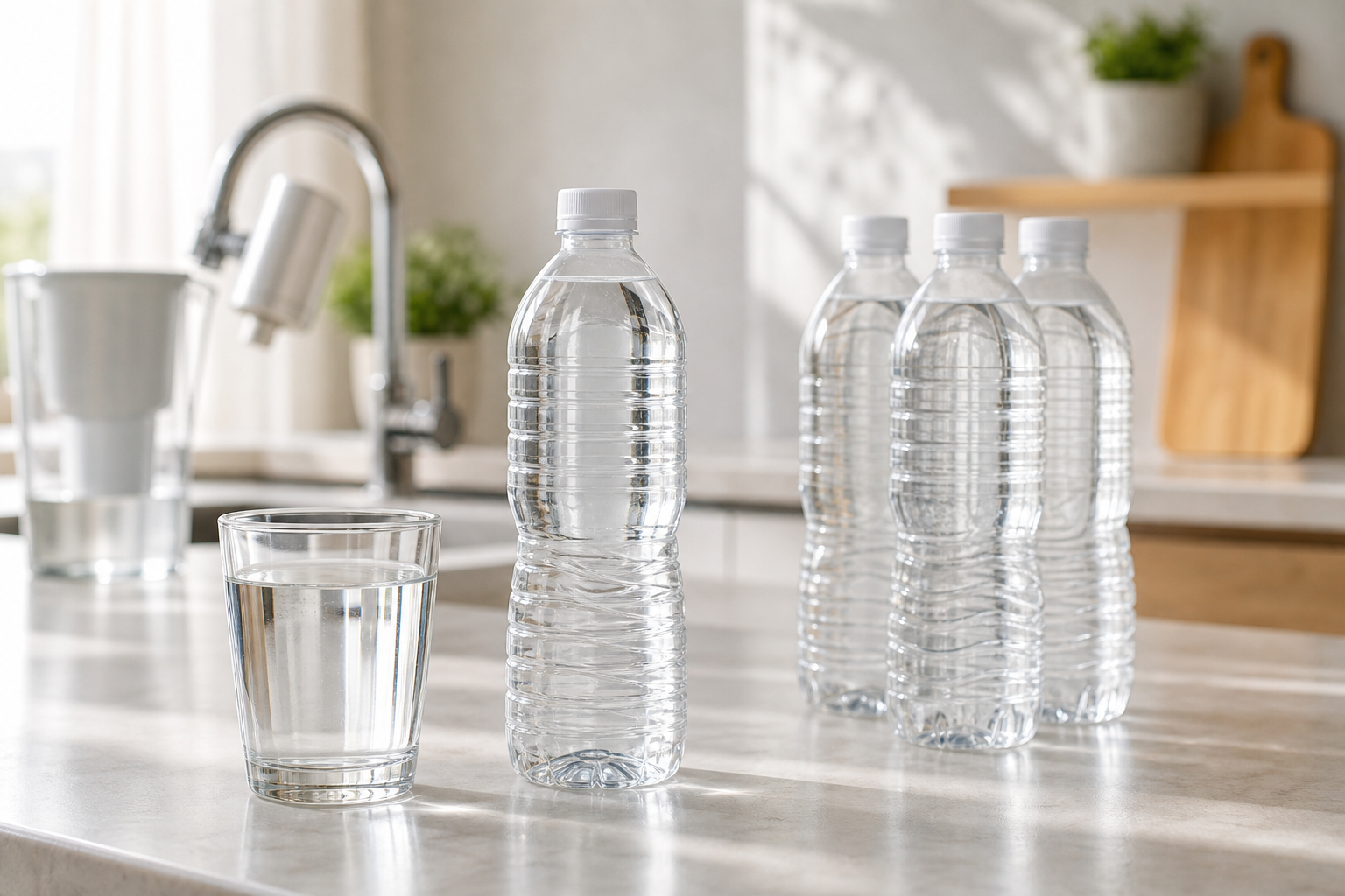 Glas med rent dricksvatten på bord som illustrerar hur länge vatten håller i flaska och vid förvaring hemma