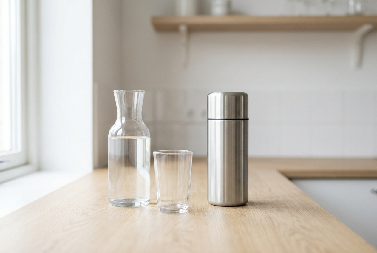 Glaskaraff, dricksglas och ett filter i rostfritt stål på en köksbänk