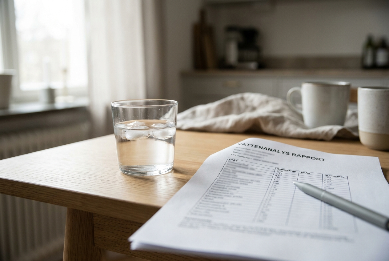 Glas kranvatten bredvid en vattenanalysrapport på ett köksbord