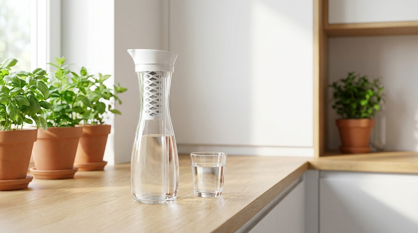 Vattenfilterkanna i glas med aktivt kolfilter på köksbänk i ljust kök