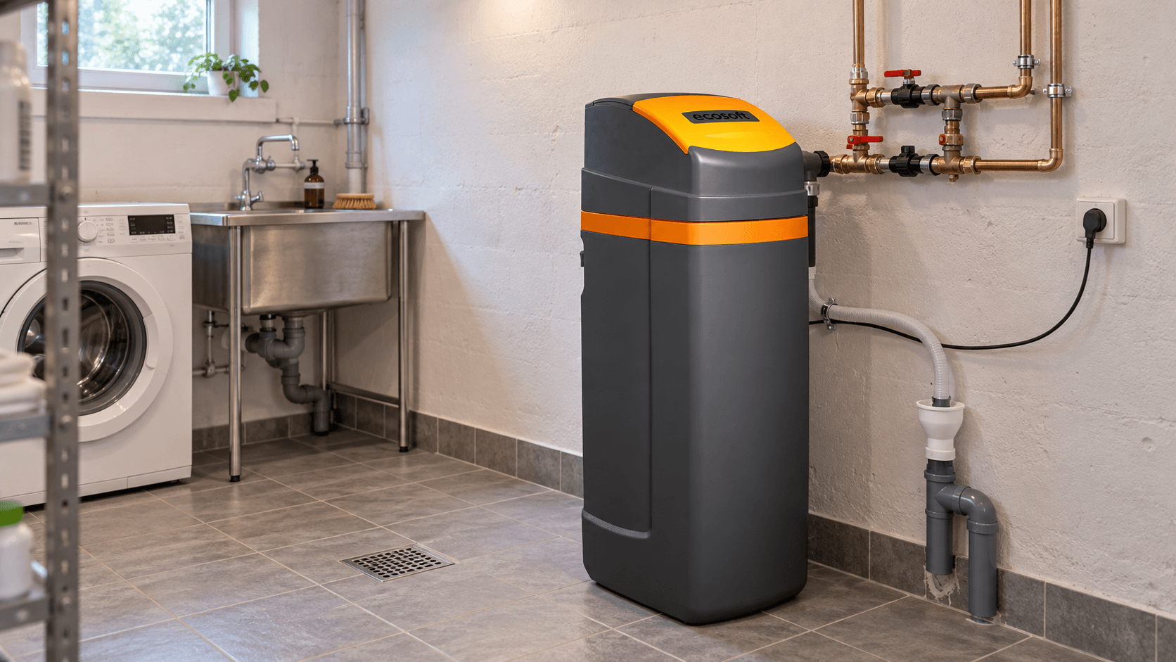 Ecosoft Titanium Gold vattenfilter för egen brunn, illustrerat i en tvättstuga med röranslutningar.